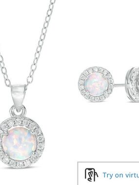 Zales Sterling Silver Opal and White Sapphire Necklace and Earrings Set